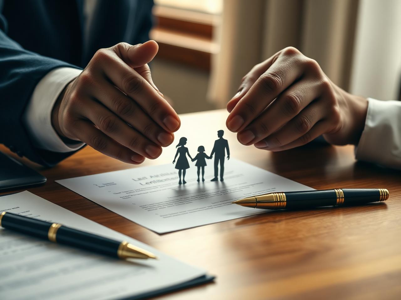 Attorney hands over a legal document with a paper family silhouette on a wooden desk
