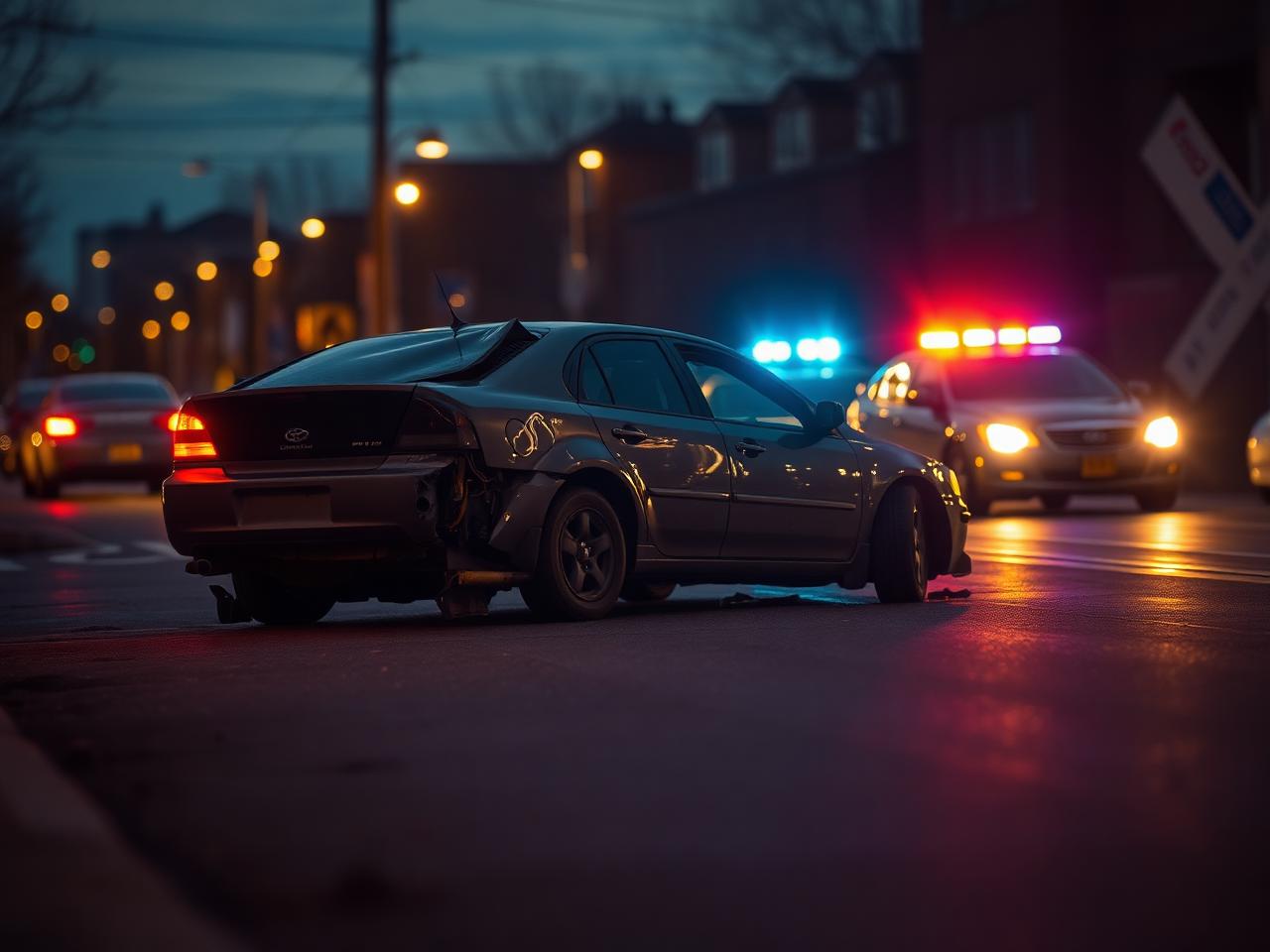 Car accident scene at dusk on a Philadelphia street with emergency lights