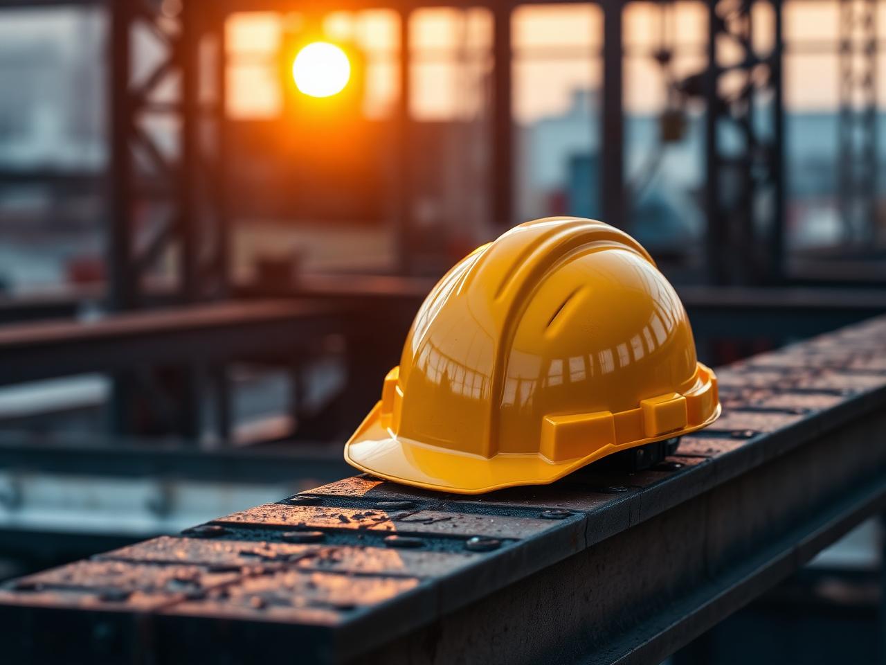 Yellow safety hard hat on steel construction beam at sunset
